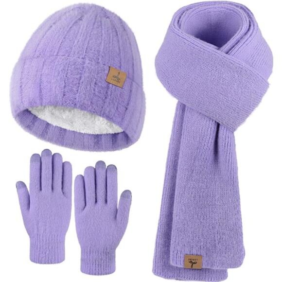 Winter Beanie Hat Scarf Gloves Violet - Picture 1 of 6